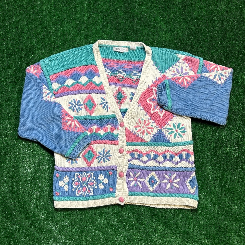 Vintage 80s Heirlooms Hand Knit Womens Floral Cardigan Ramie Cotton Large